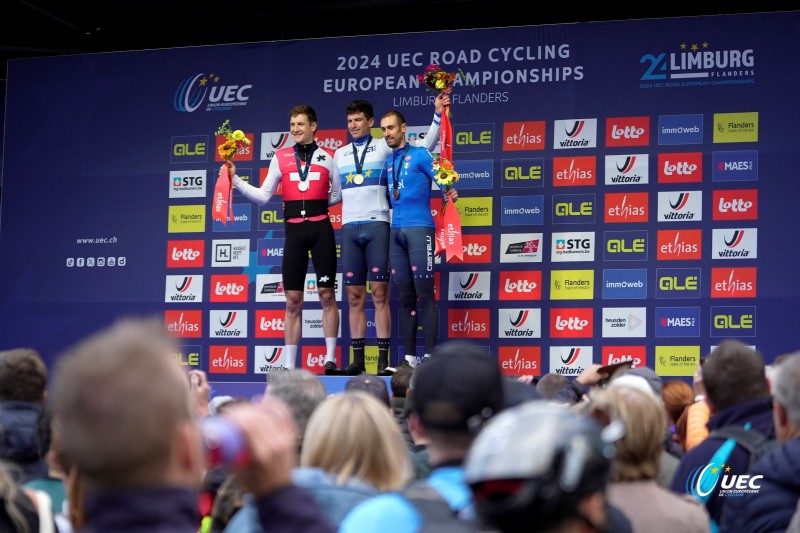 2024 UEC Road European Championships - Limburg - Flanders - Men Elite Individual Time Trial 31,2 km - 11/09/2024 - Stefan Kung (SUI - Groupama - FDJ) - Edoardo Affini (ITA - Team Visma) - Lease a Bike) - Mattia Cattaneo (ITA - Soudal - Quick Step) - photo